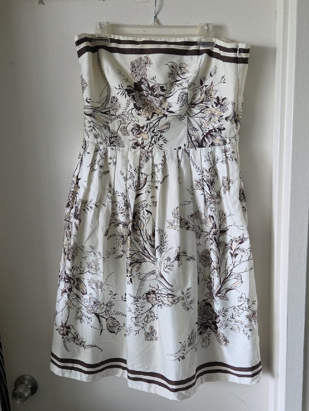 Ann Taylor Strapless Floral Tea Dress in Cream and Brown
